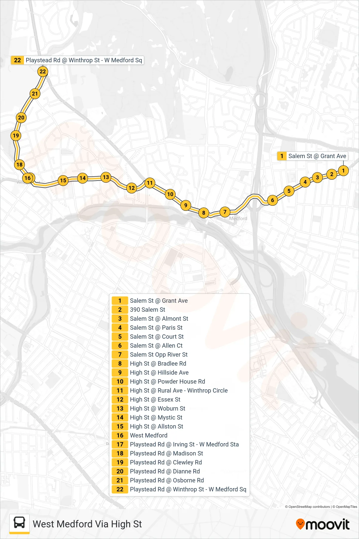 95 bus Line (West Medford Via High St) route and stops on a map