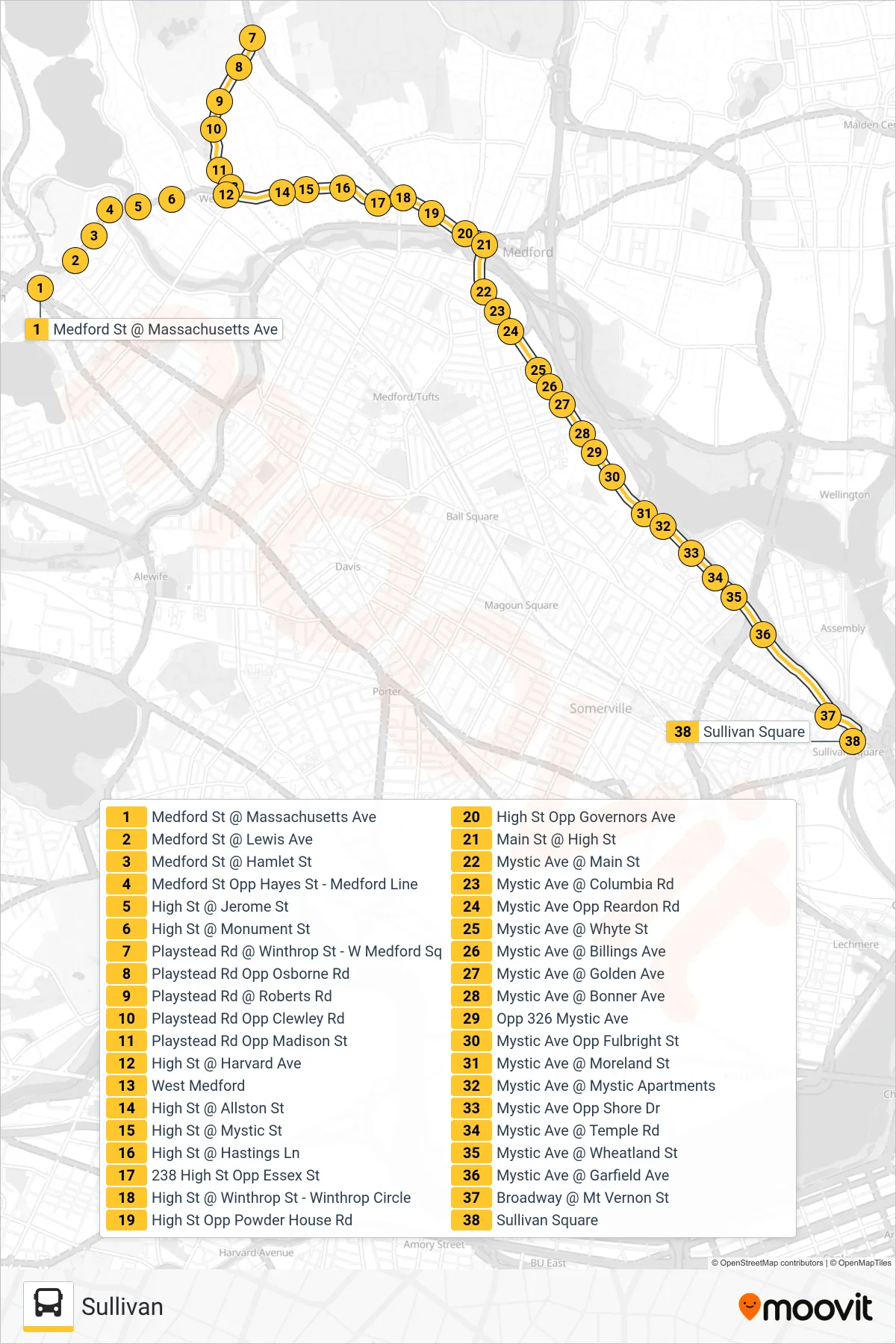 95 bus Line (Sullivan) route and stops on a map
