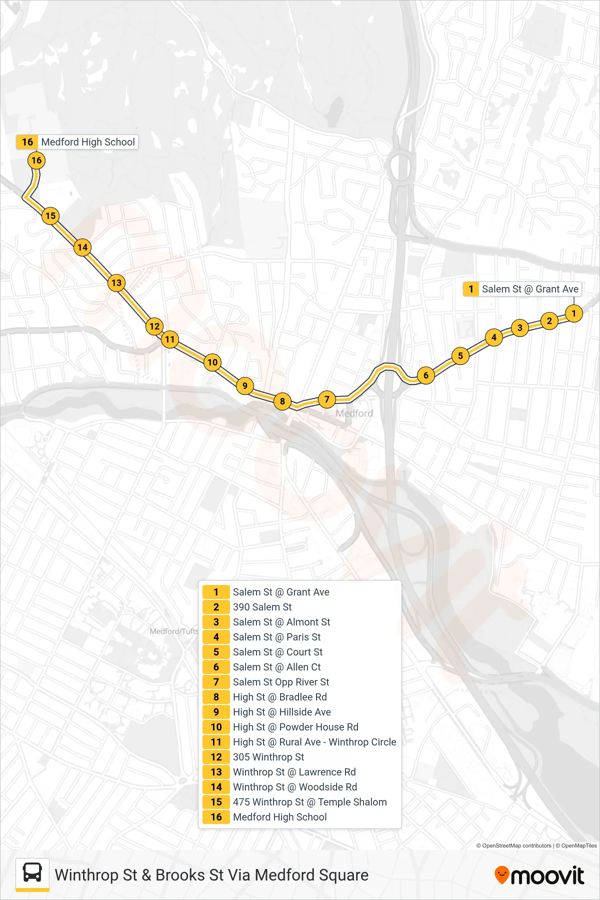95 bus Line (Winthrop St & Brooks St Via Medford Square) route and stops on a map