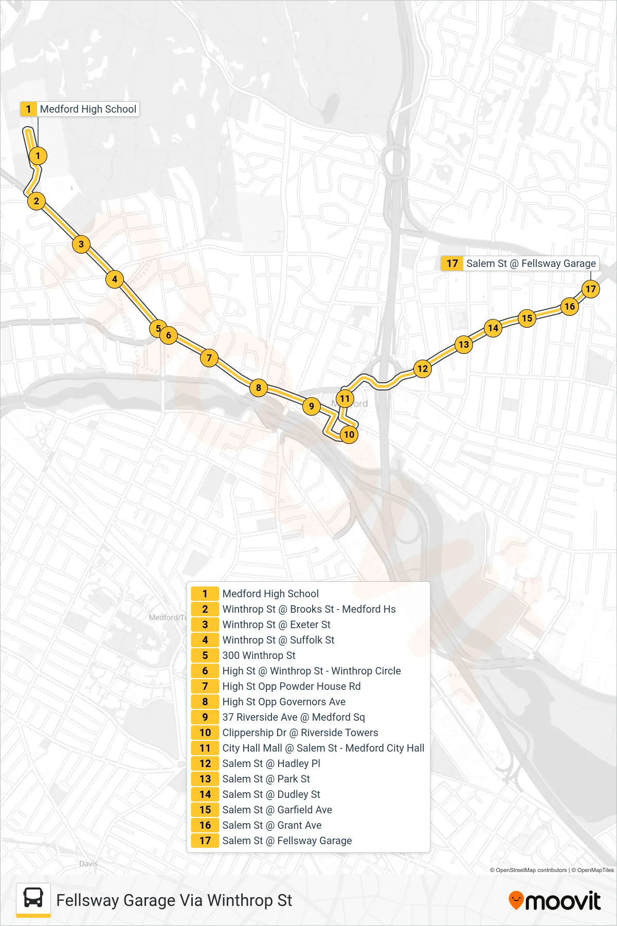 95 bus Line (Fellsway Garage Via Winthrop St) route and stops on a map