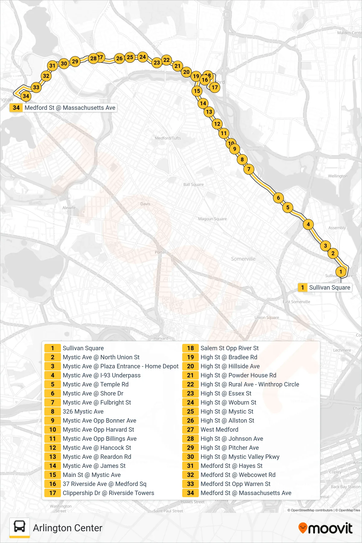 95 bus Line (Arlington Center) route and stops on a map