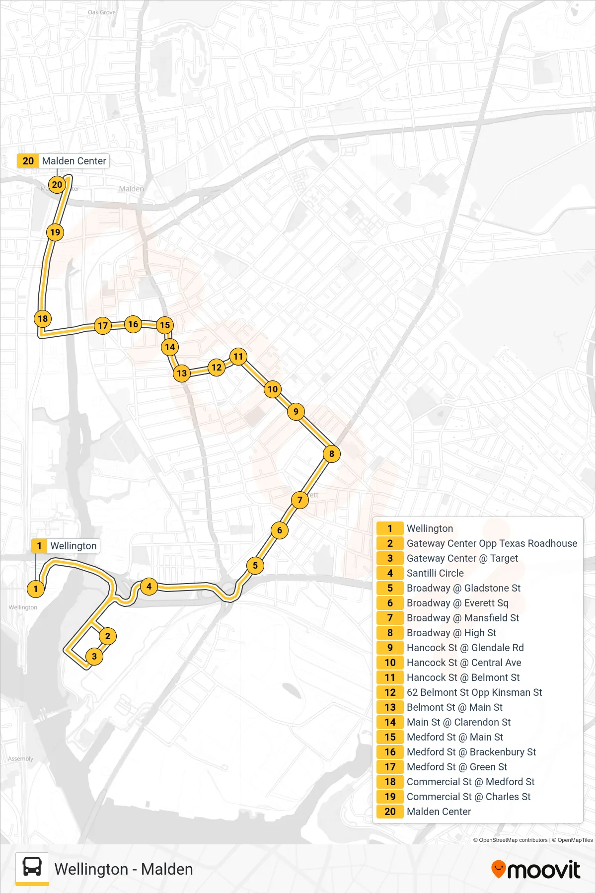97 bus Line (Malden) route and stops on a map