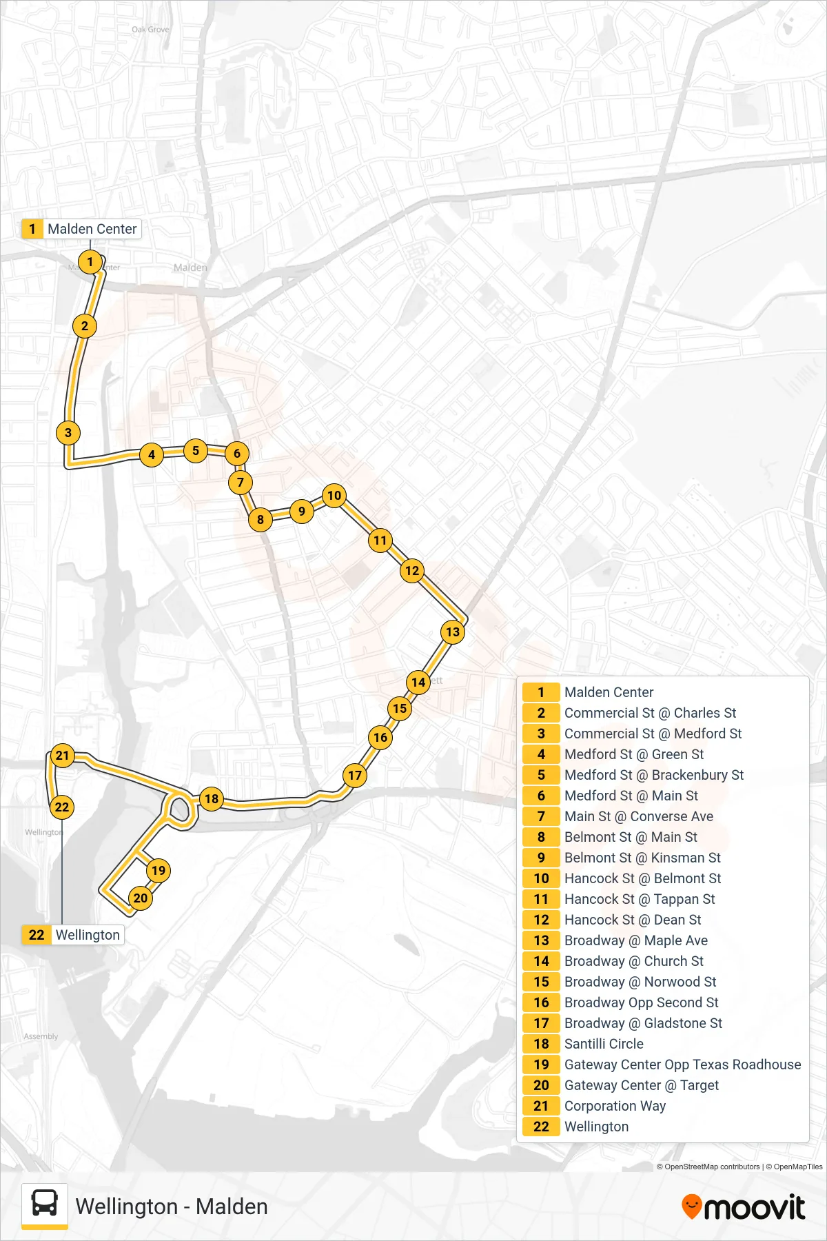 97 bus Line (Wellington) route and stops on a map