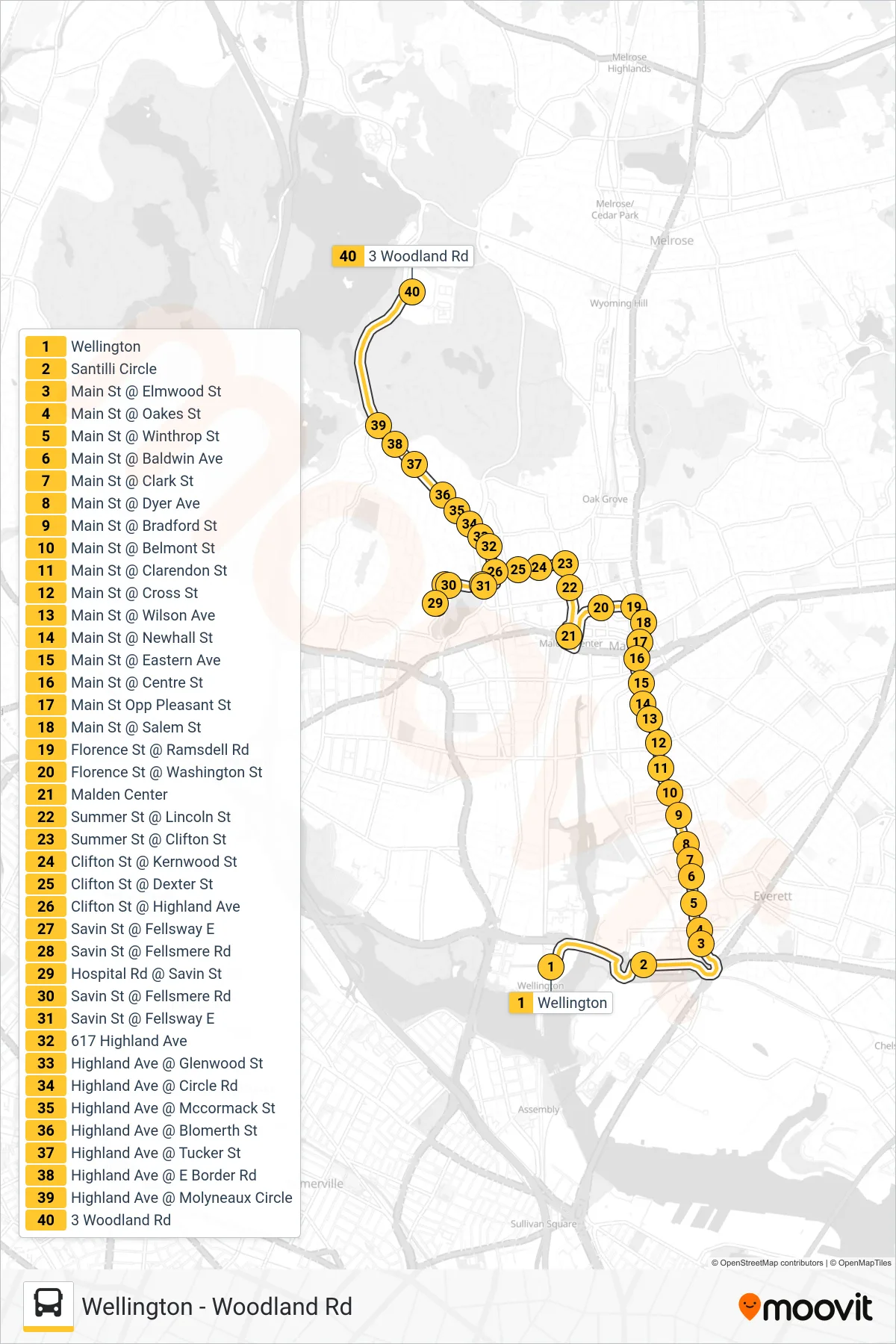 99 bus Line (Woodland Rd) route and stops on a map