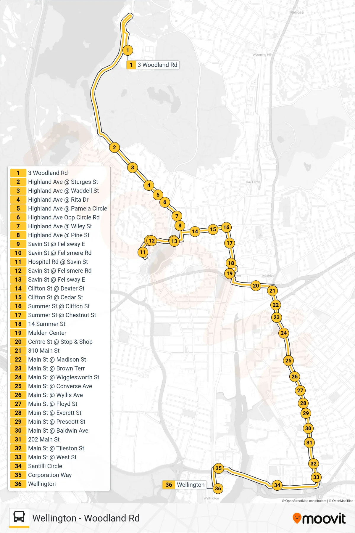 99 bus Line (Wellington) route and stops on a map
