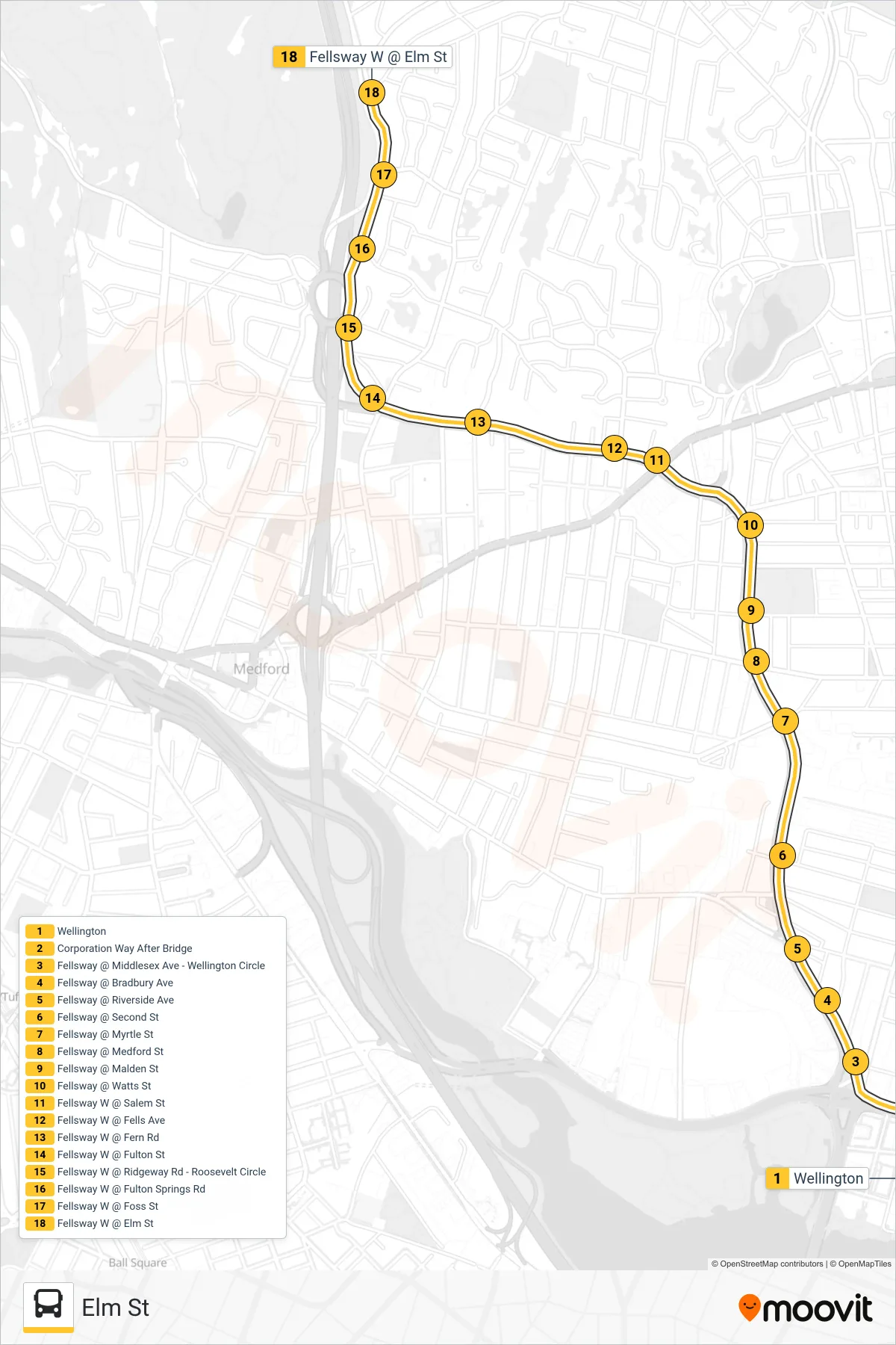 100 bus Line (Elm St) route and stops on a map