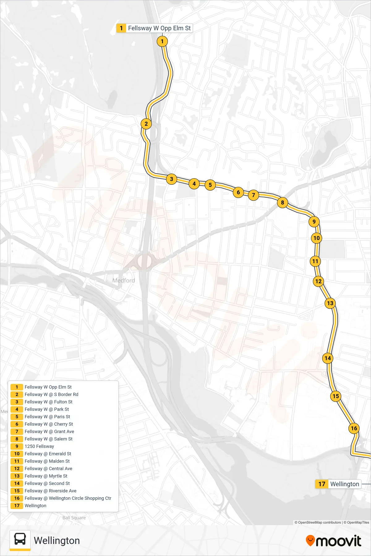 100 bus Line (Wellington) route and stops on a map