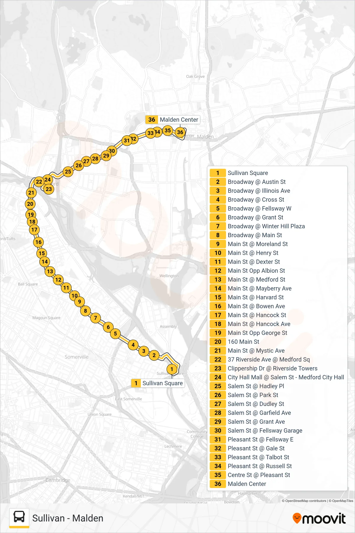 101 bus Line (Malden) route and stops on a map