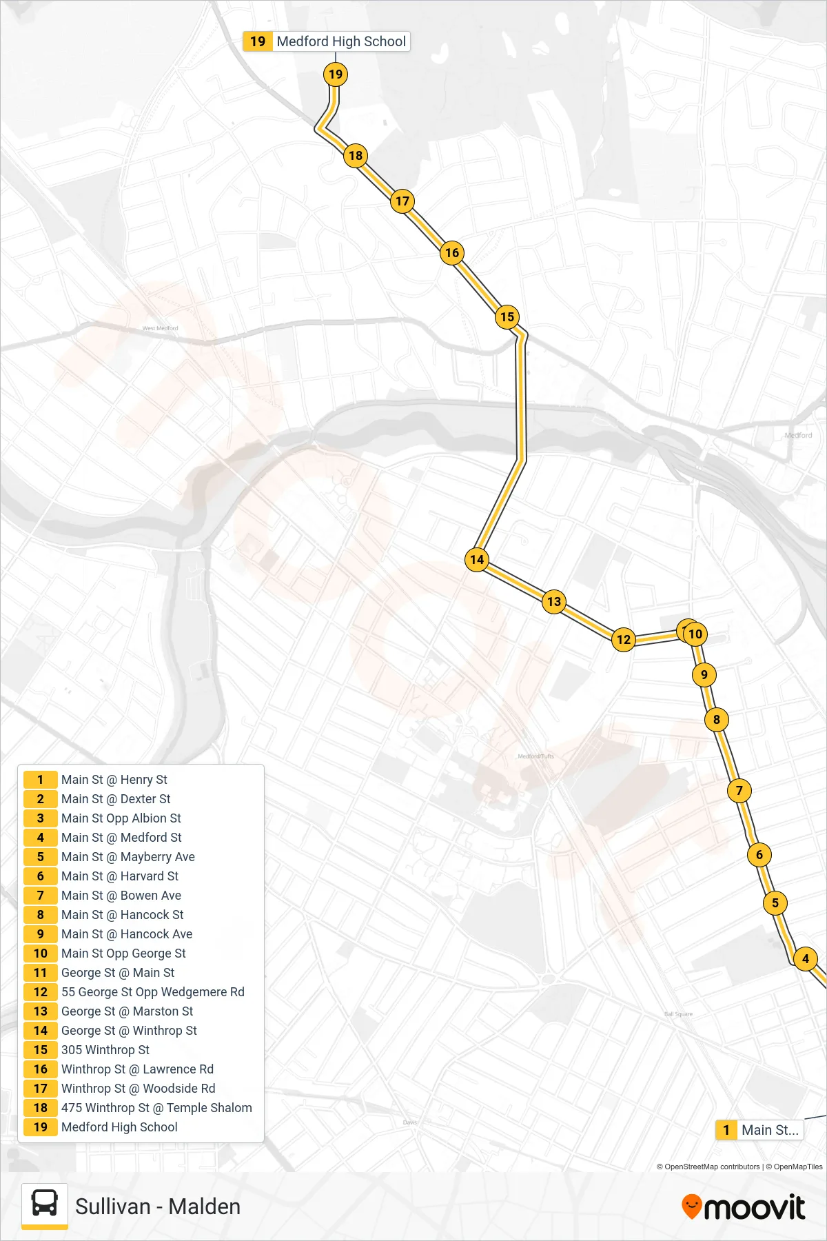 101 bus Line (Winthrop St & Brooks St) route and stops on a map