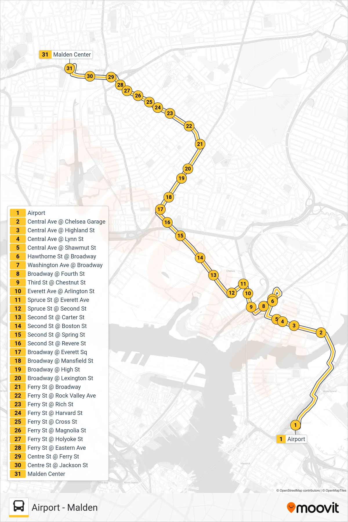 104 bus Line (Malden) route and stops on a map