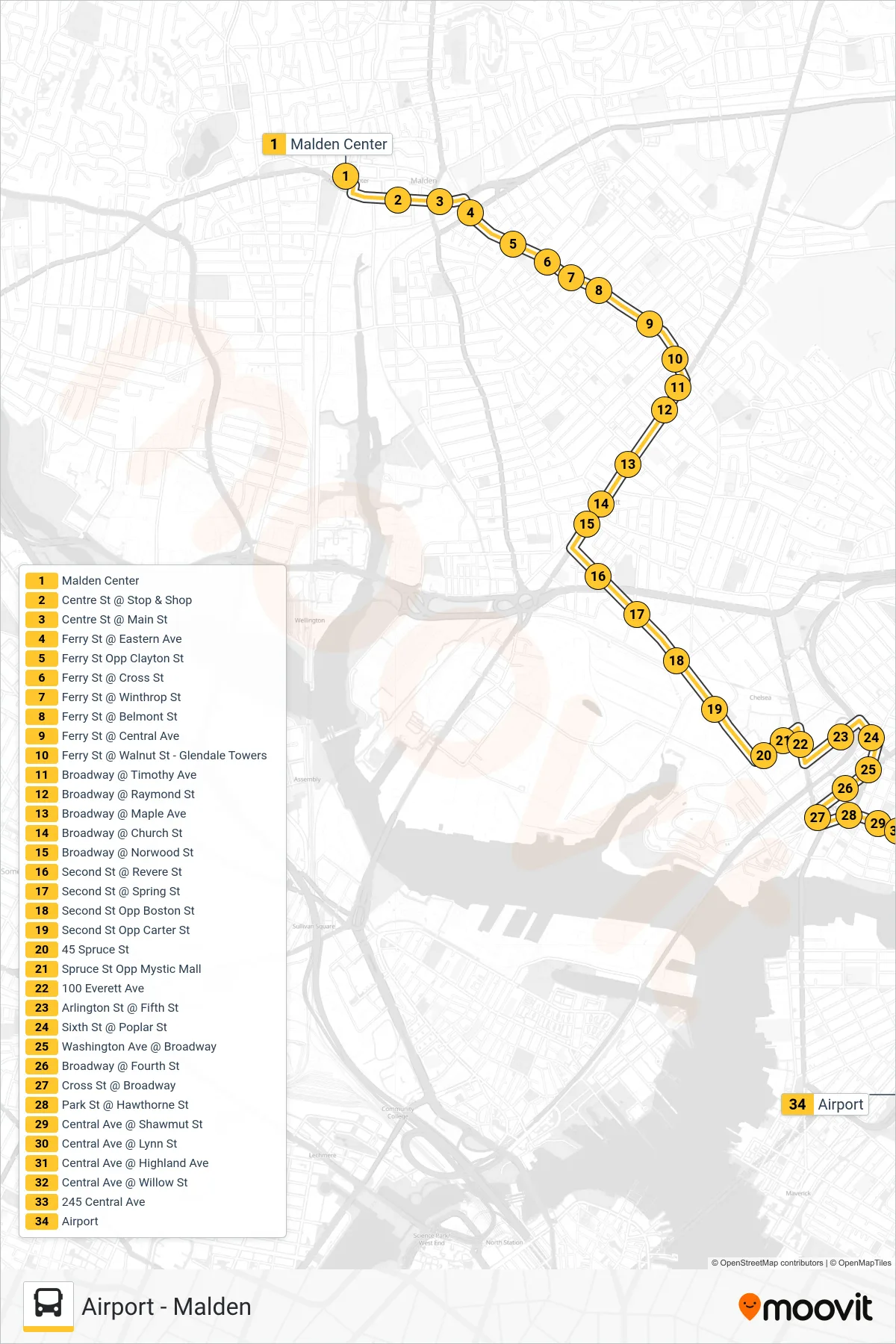 104 bus Line (Airport) route and stops on a map