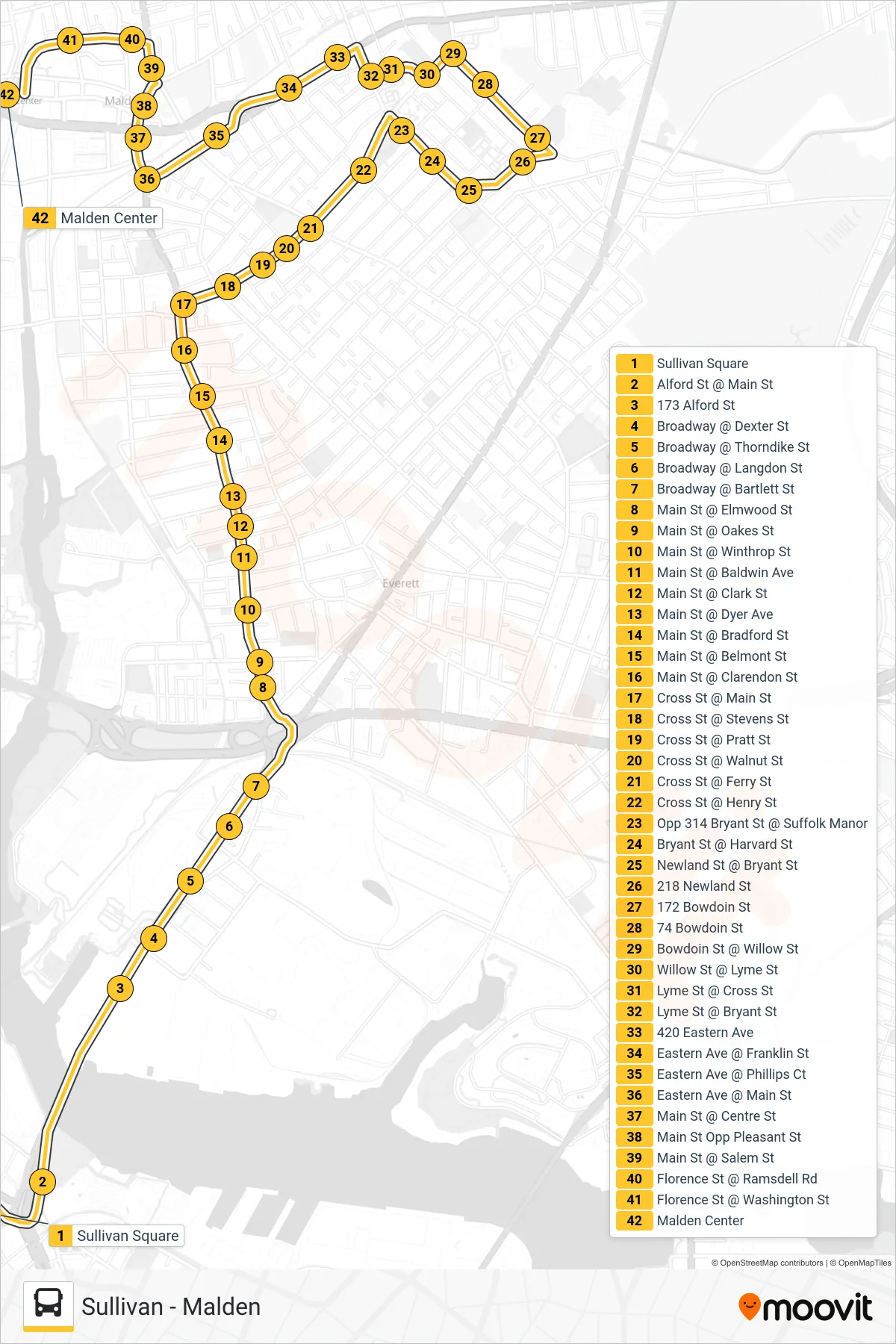 105 bus Line (Malden) route and stops on a map
