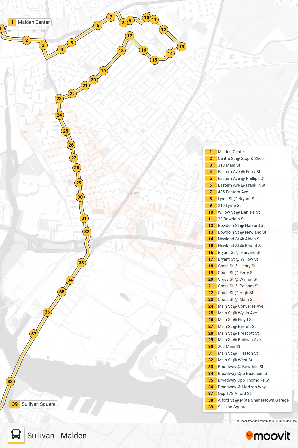 105 bus Line (Sullivan) route and stops on a map