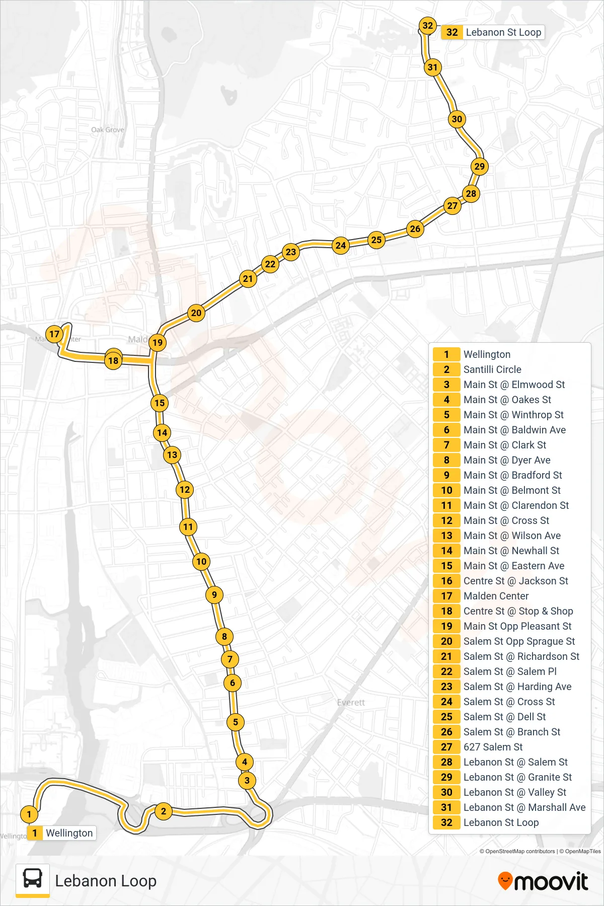 106 bus Line (Lebanon Loop) route and stops on a map
