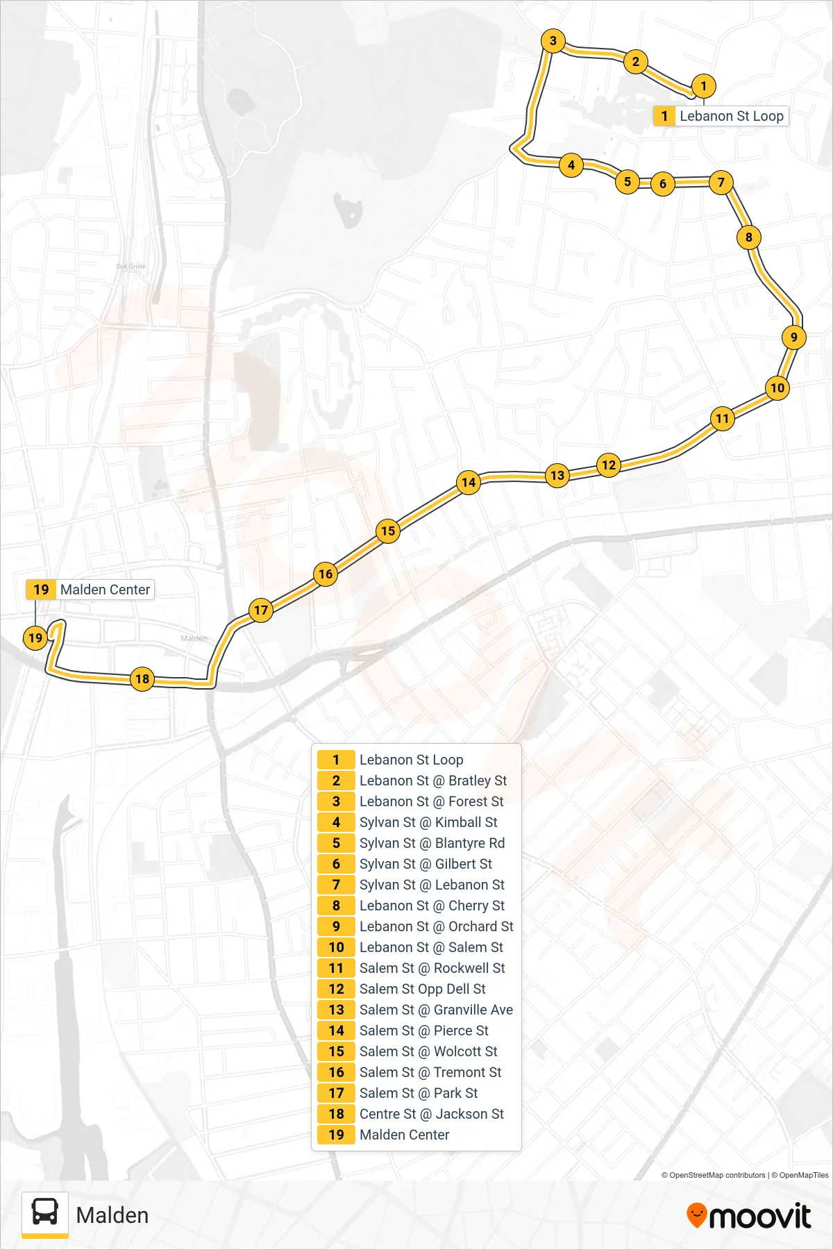 106 bus Line (Malden) route and stops on a map