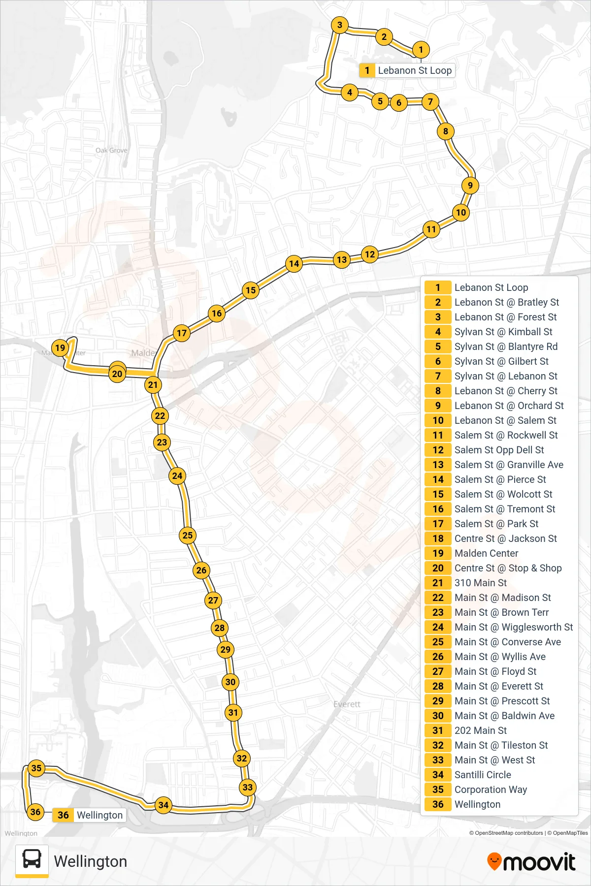 106 bus Line (Wellington) route and stops on a map