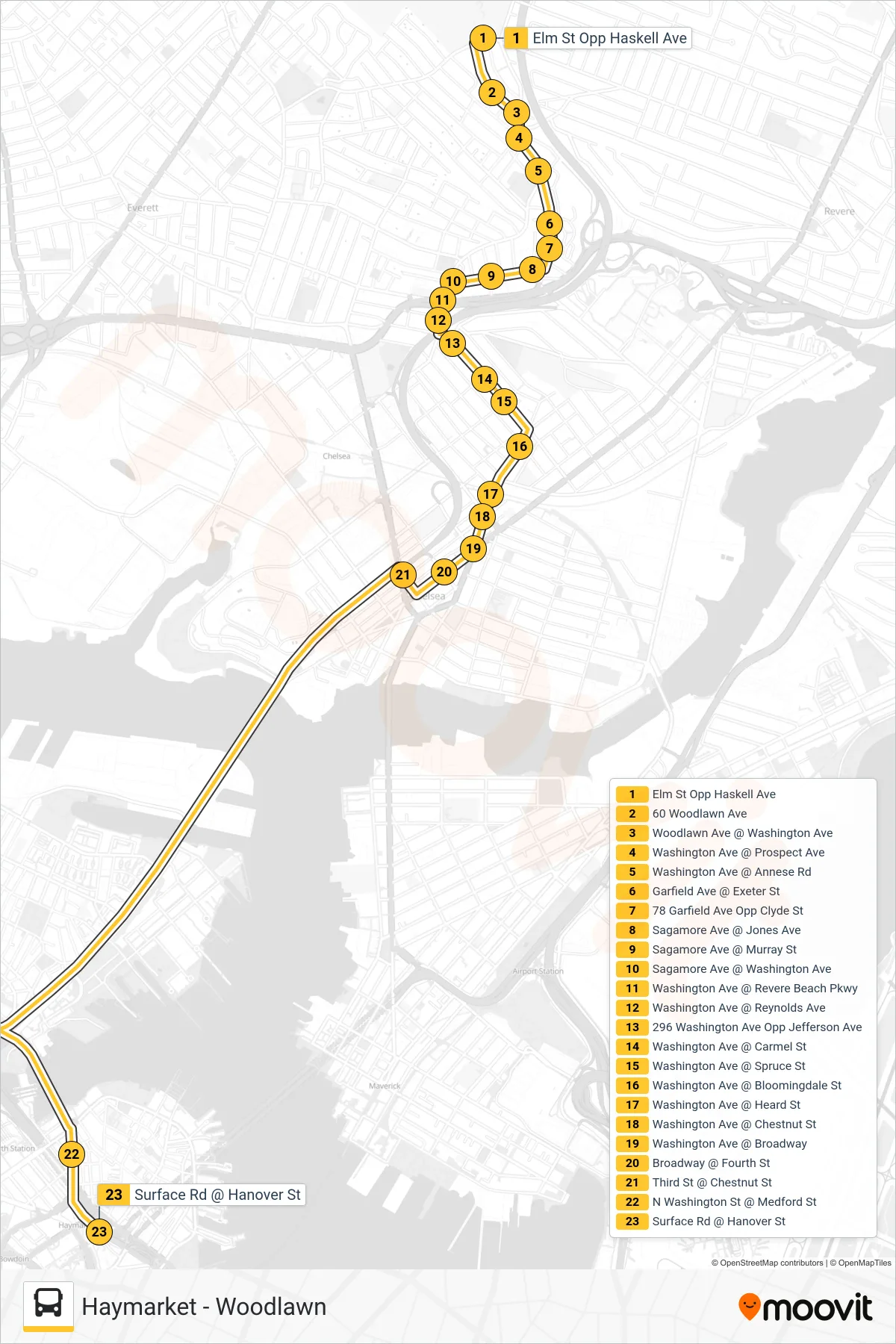111 bus Line (Haymarket) route and stops on a map