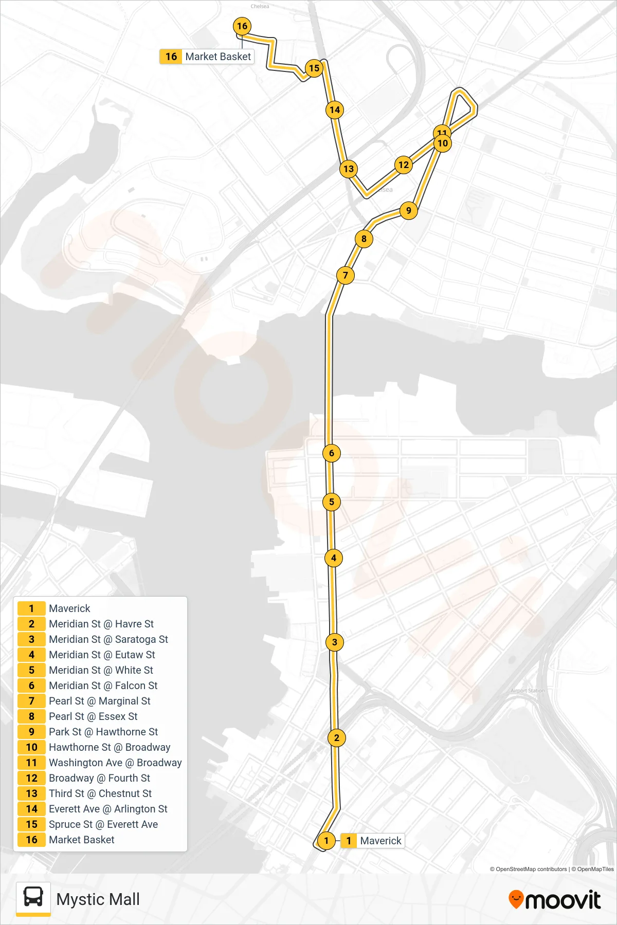114 bus Line (Mystic Mall) route and stops on a map