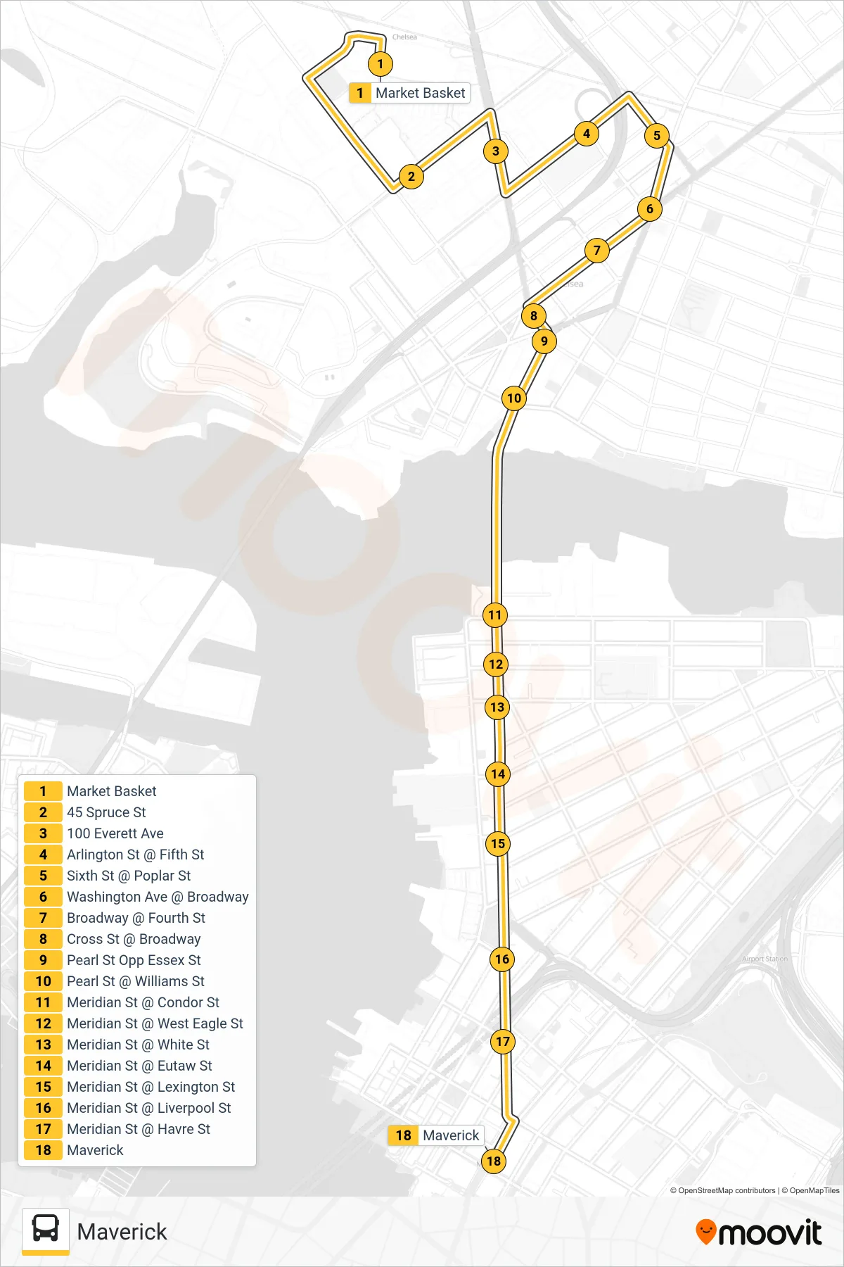 114 bus Line (Maverick) route and stops on a map