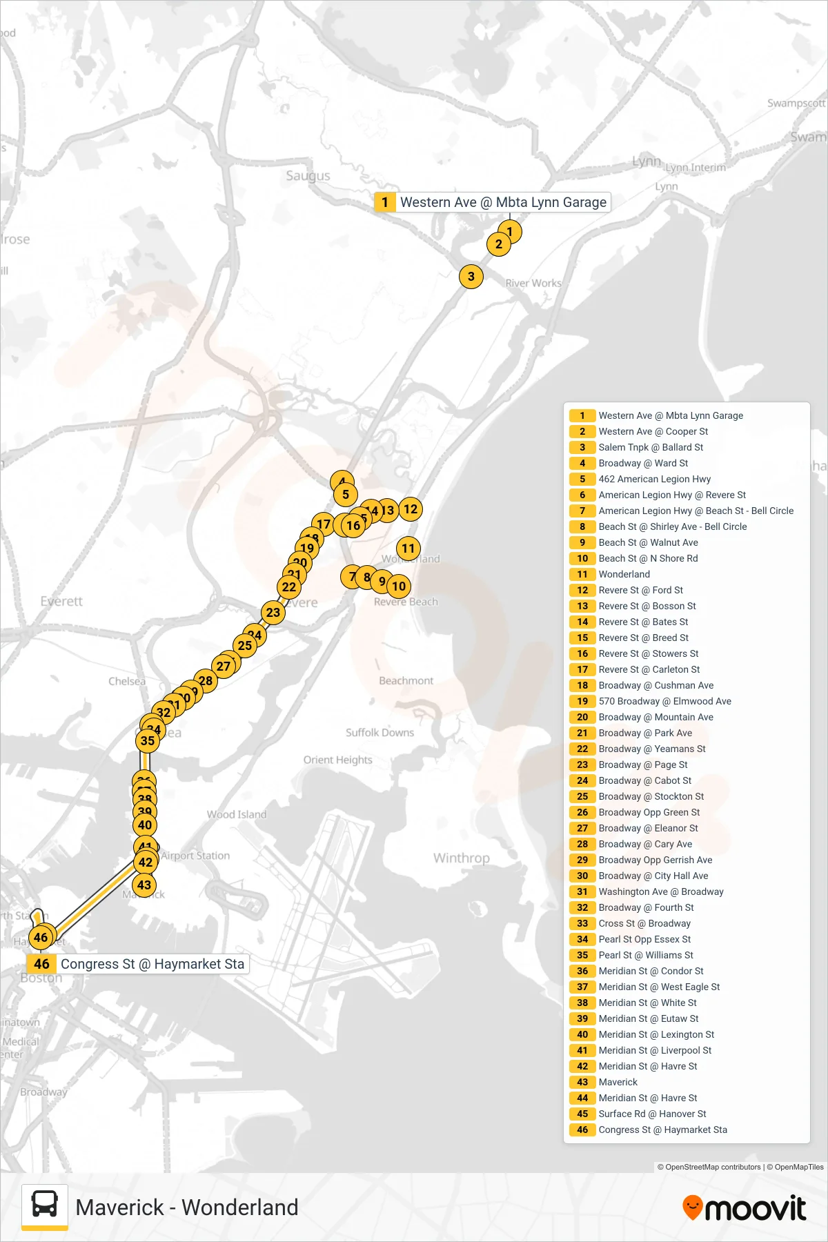 116 bus Line (Haymarket Via Maverick) route and stops on a map