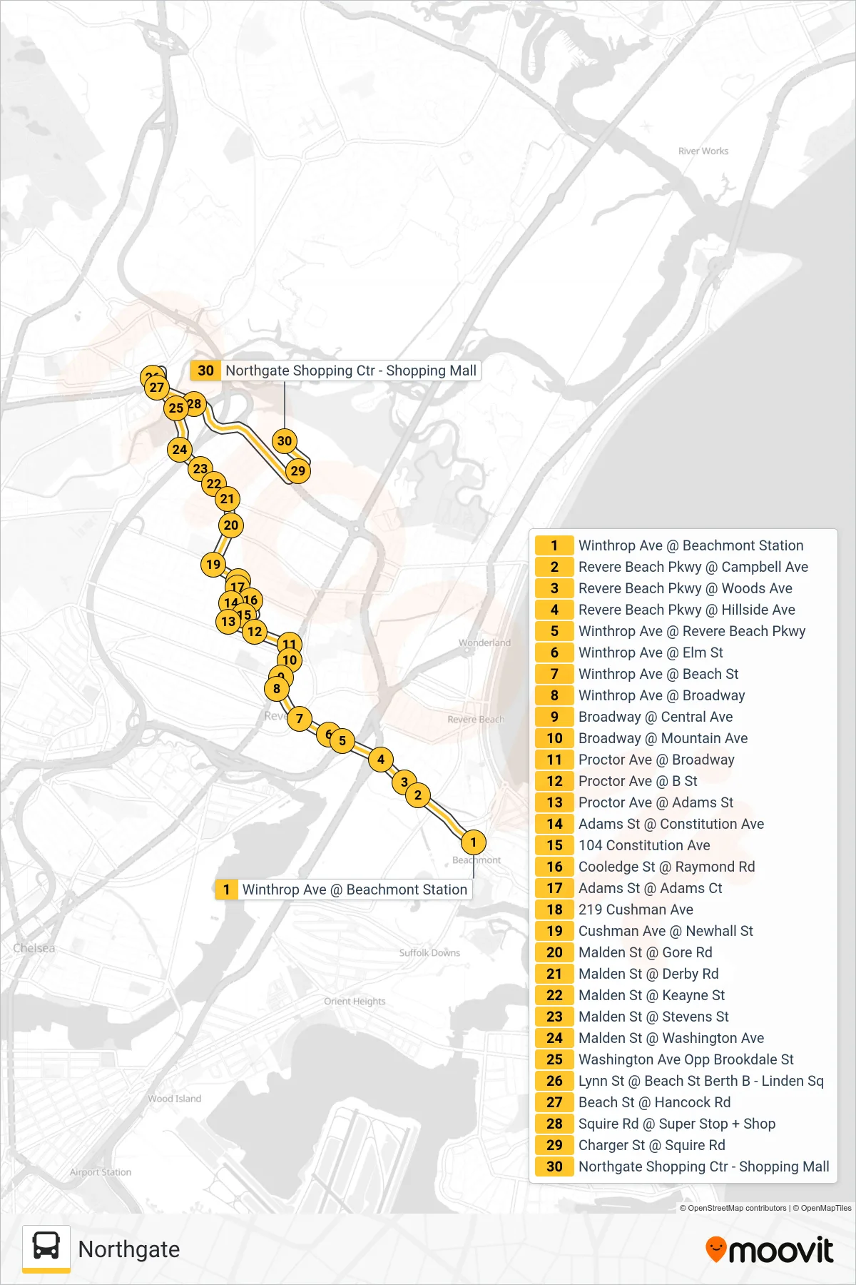 119 bus Line (Northgate) route and stops on a map