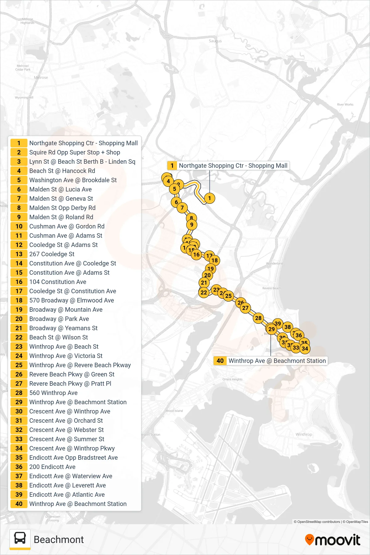 119 bus Line (Beachmont) route and stops on a map