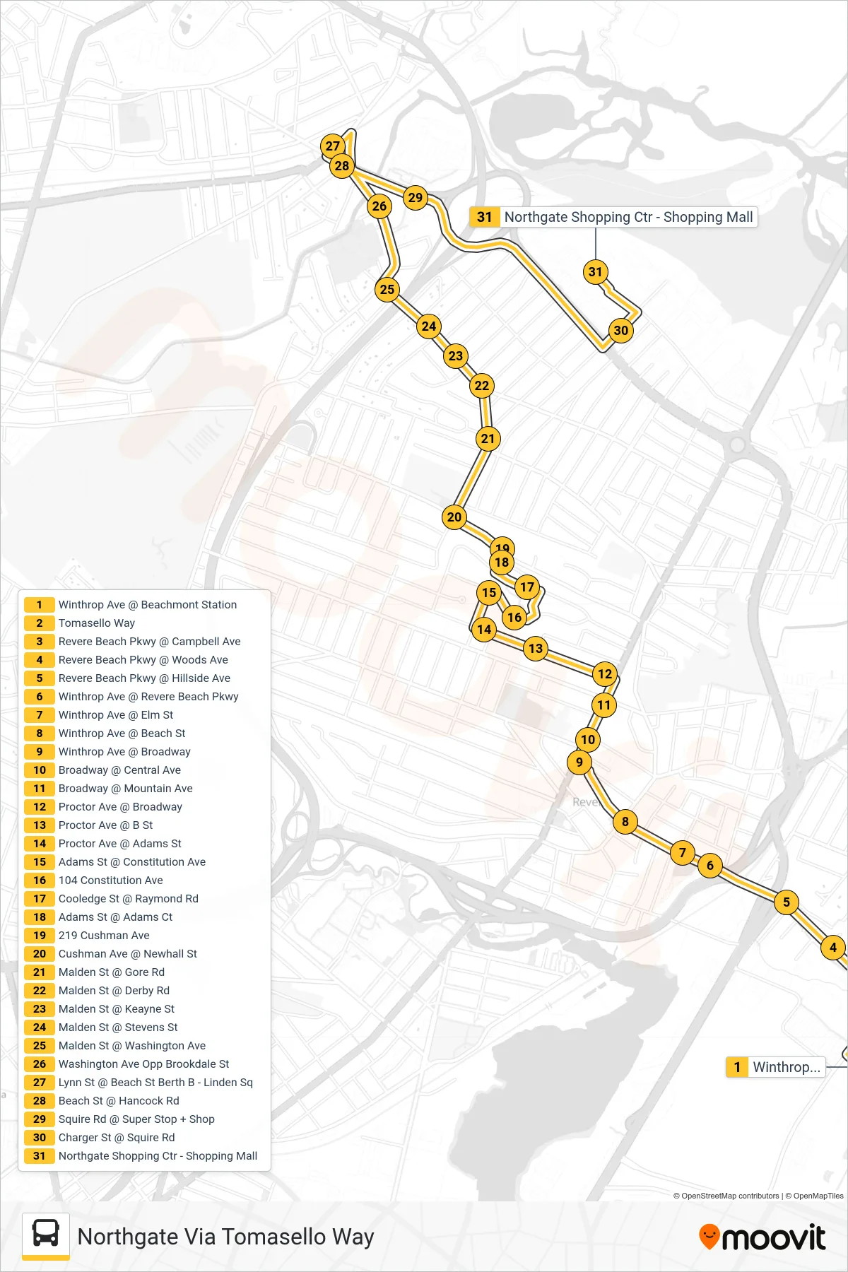 119 bus Line (Northgate Via Tomasello Way) route and stops on a map