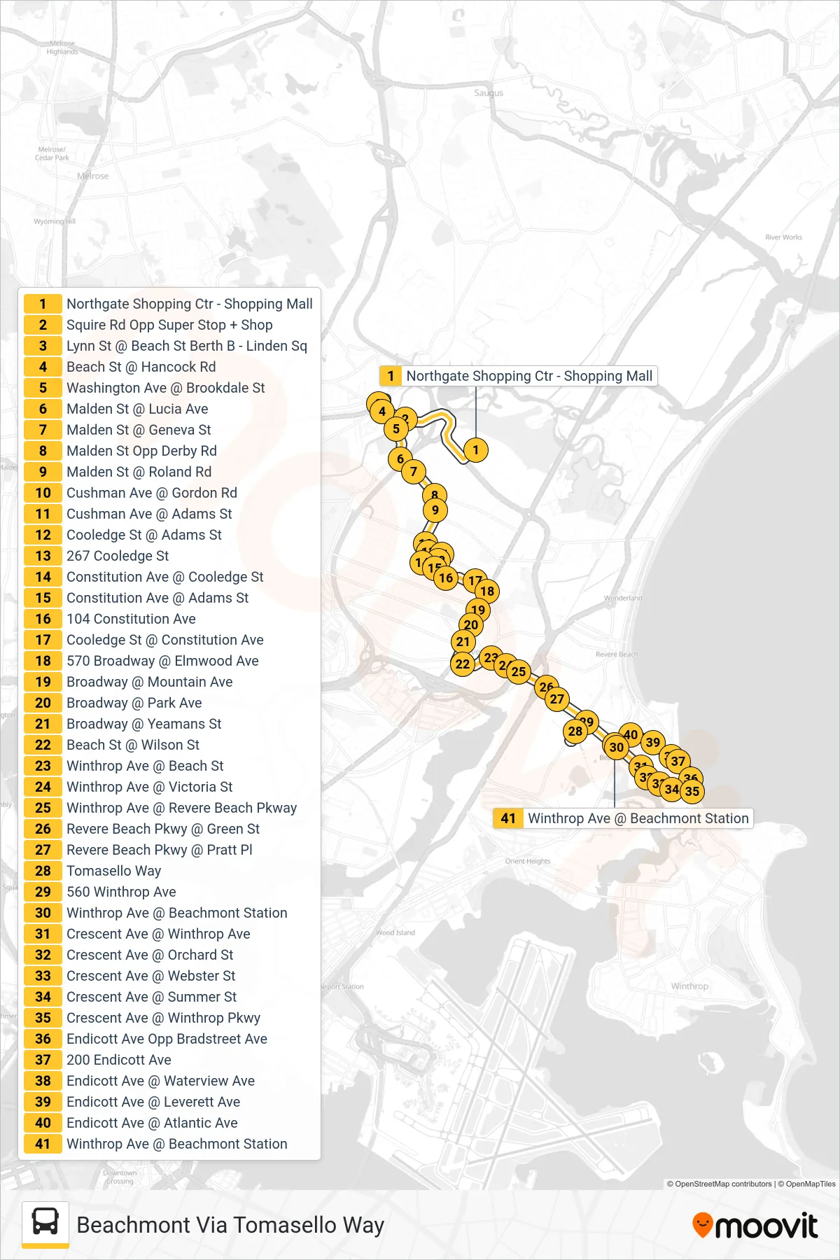 119 bus Line (Beachmont Via Tomasello Way) route and stops on a map