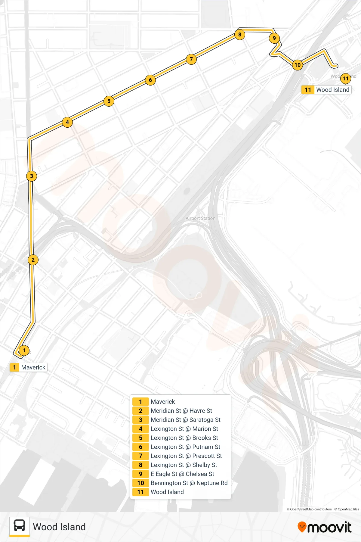 121 bus Line (Wood Island) route and stops on a map