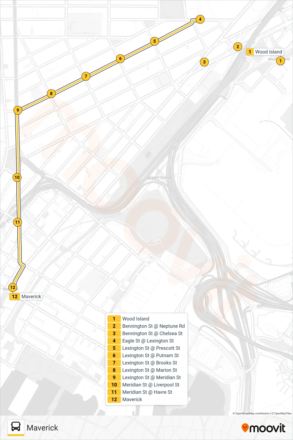 121 bus Line (Maverick) route and stops on a map