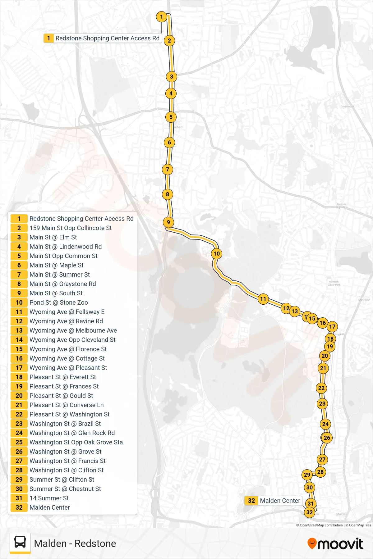 132 bus Line (Malden) route and stops on a map
