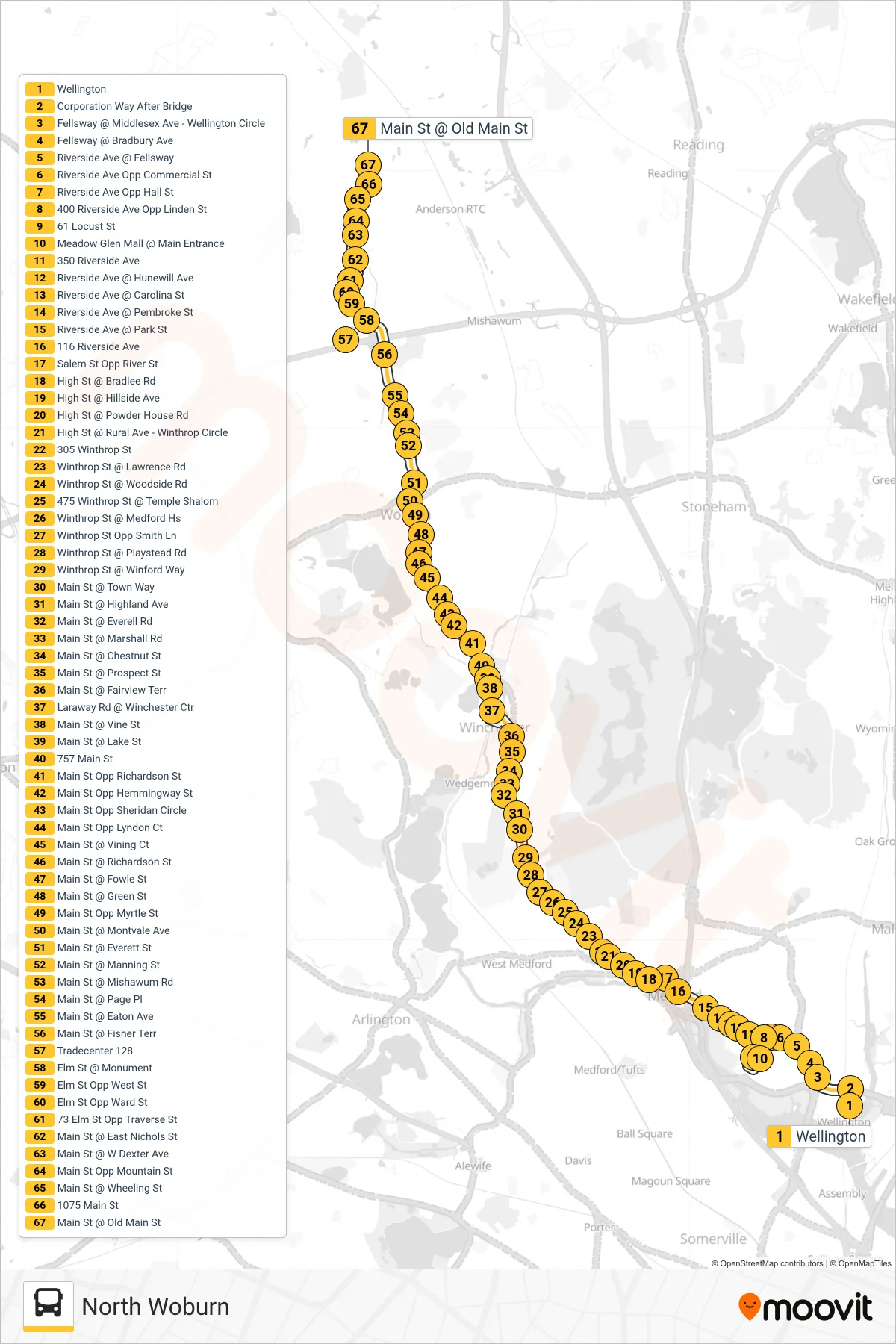 134 bus Line (North Woburn) route and stops on a map