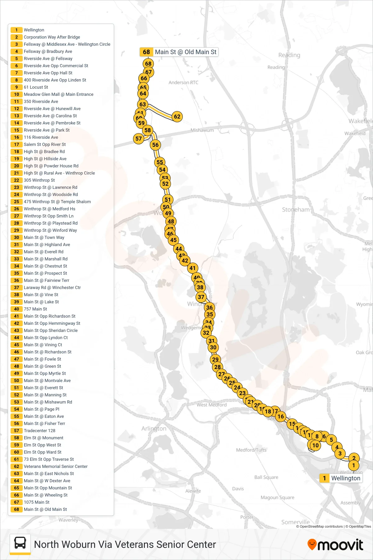 134 bus Line (North Woburn Via Veterans Senior Center) route and stops on a map