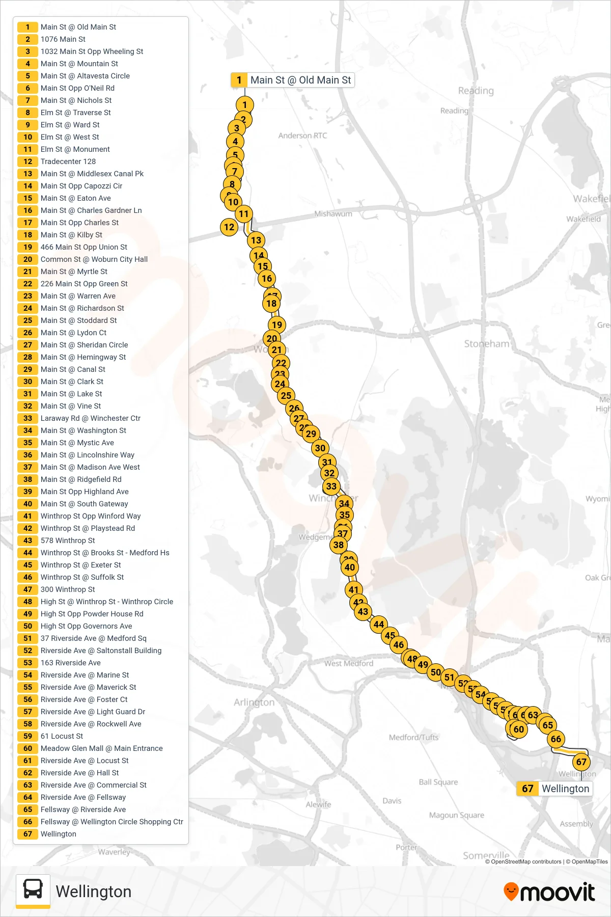 134 bus Line (Wellington) route and stops on a map