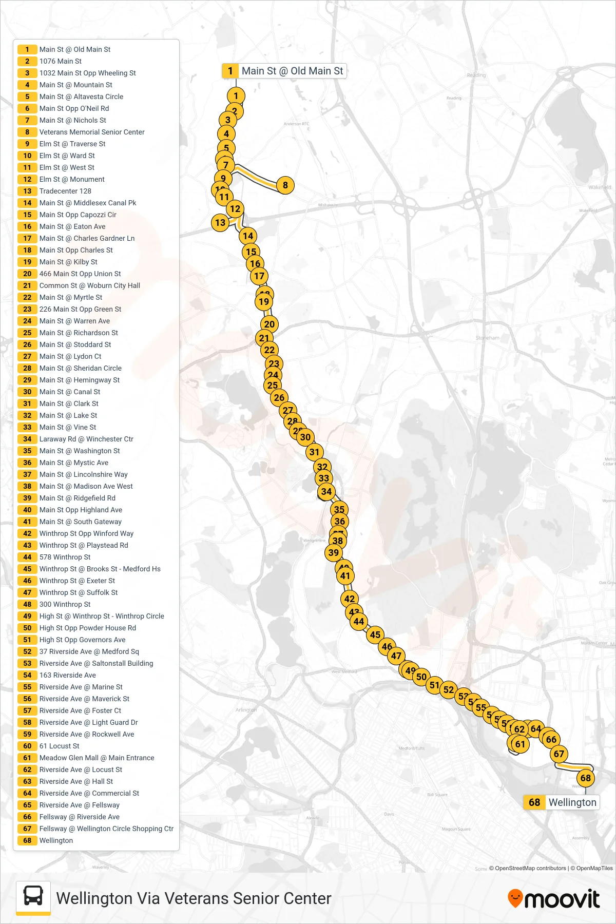 134 bus Line (Wellington Via Veterans Senior Center) route and stops on a map