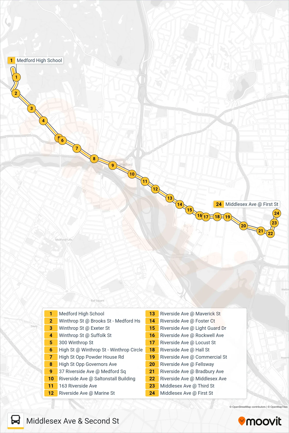 134 bus Line (Middlesex Ave & Second St) route and stops on a map