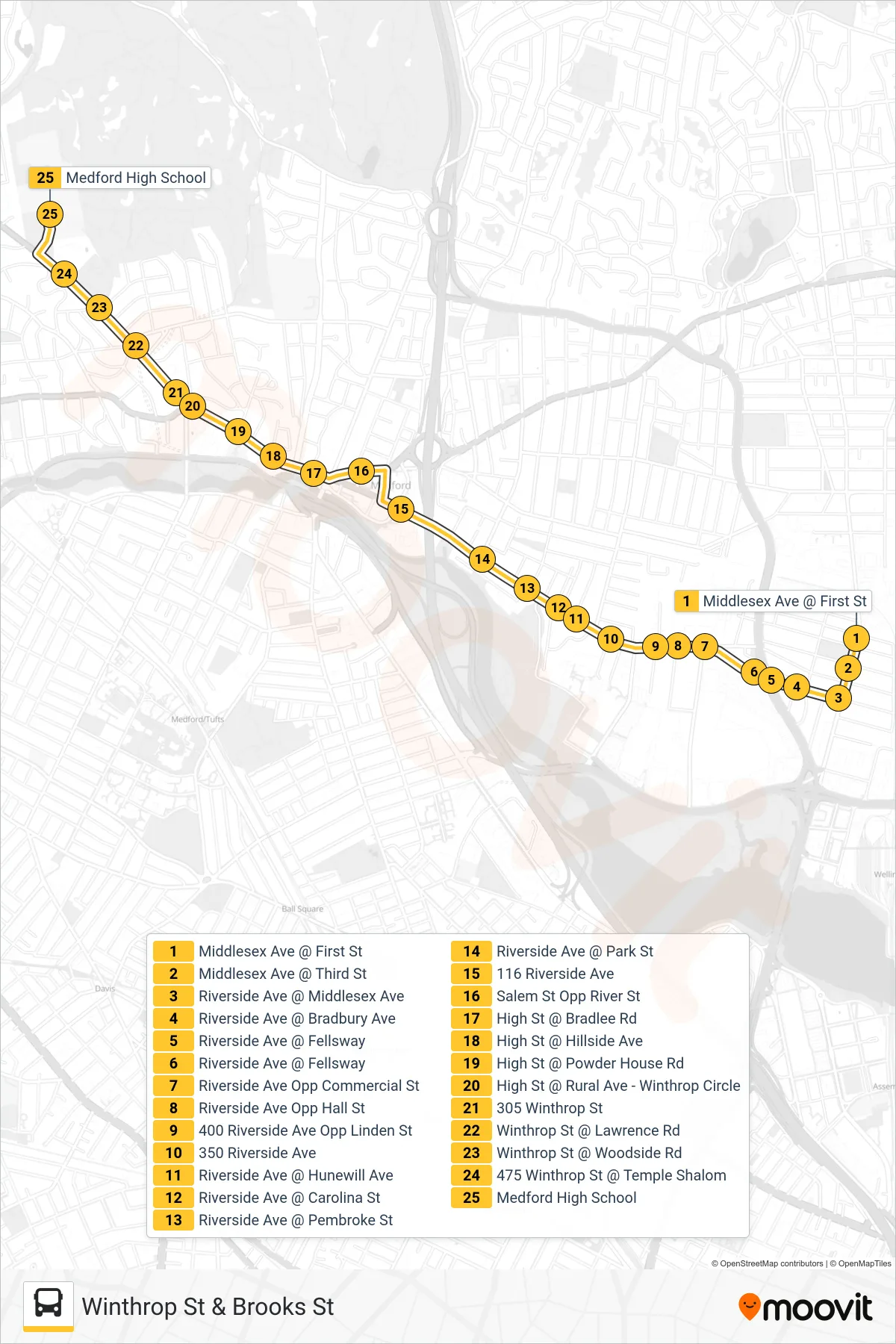 134 bus Line (Winthrop St & Brooks St) route and stops on a map
