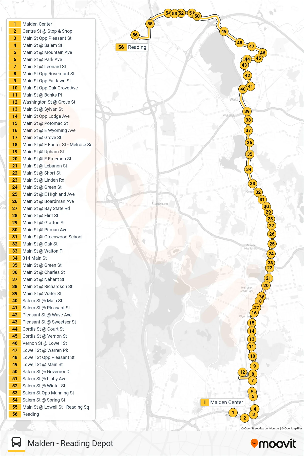 137 bus Line (Reading Depot) route and stops on a map