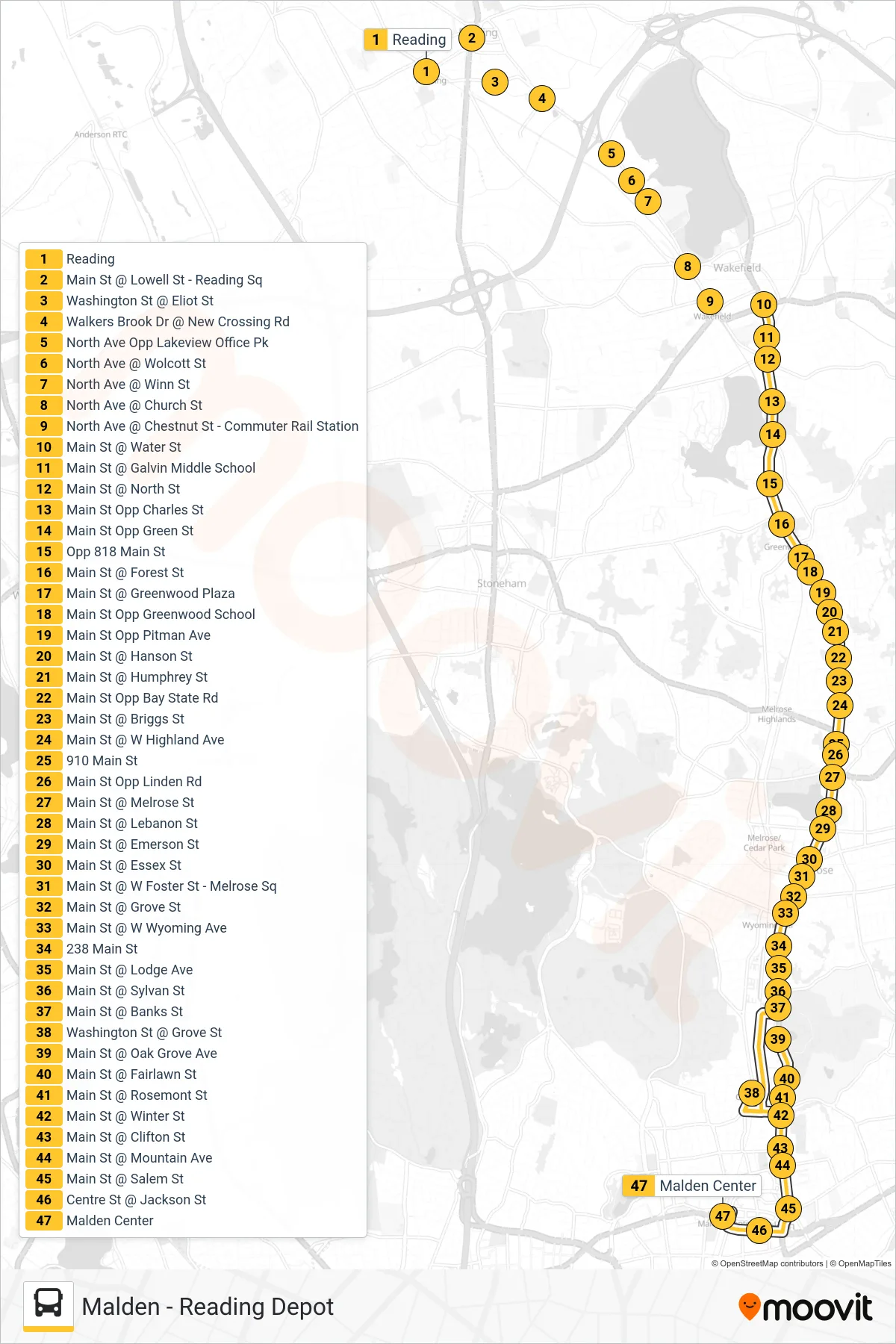 137 bus Line (Malden) route and stops on a map