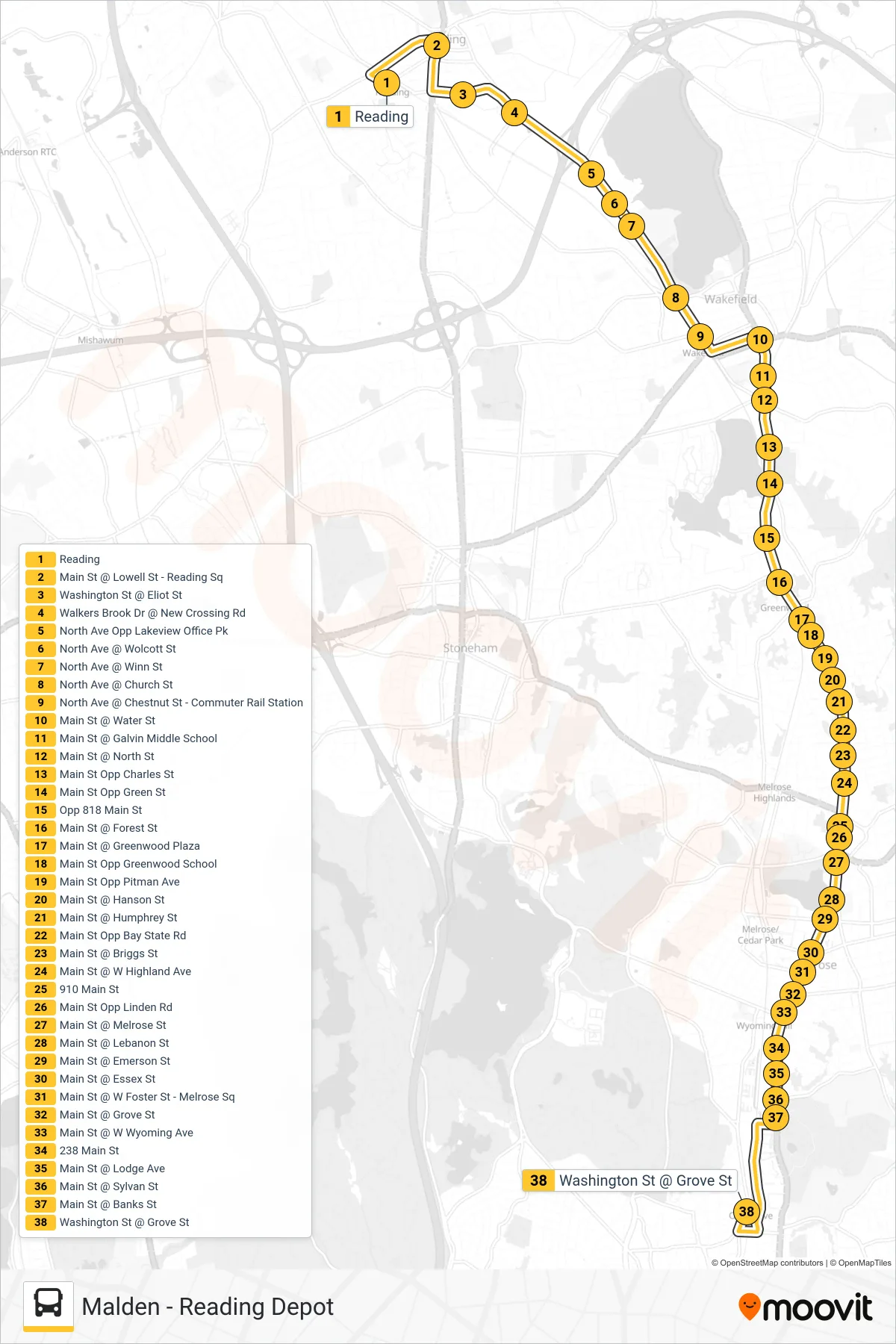 137 bus Line (Oak Grove) route and stops on a map