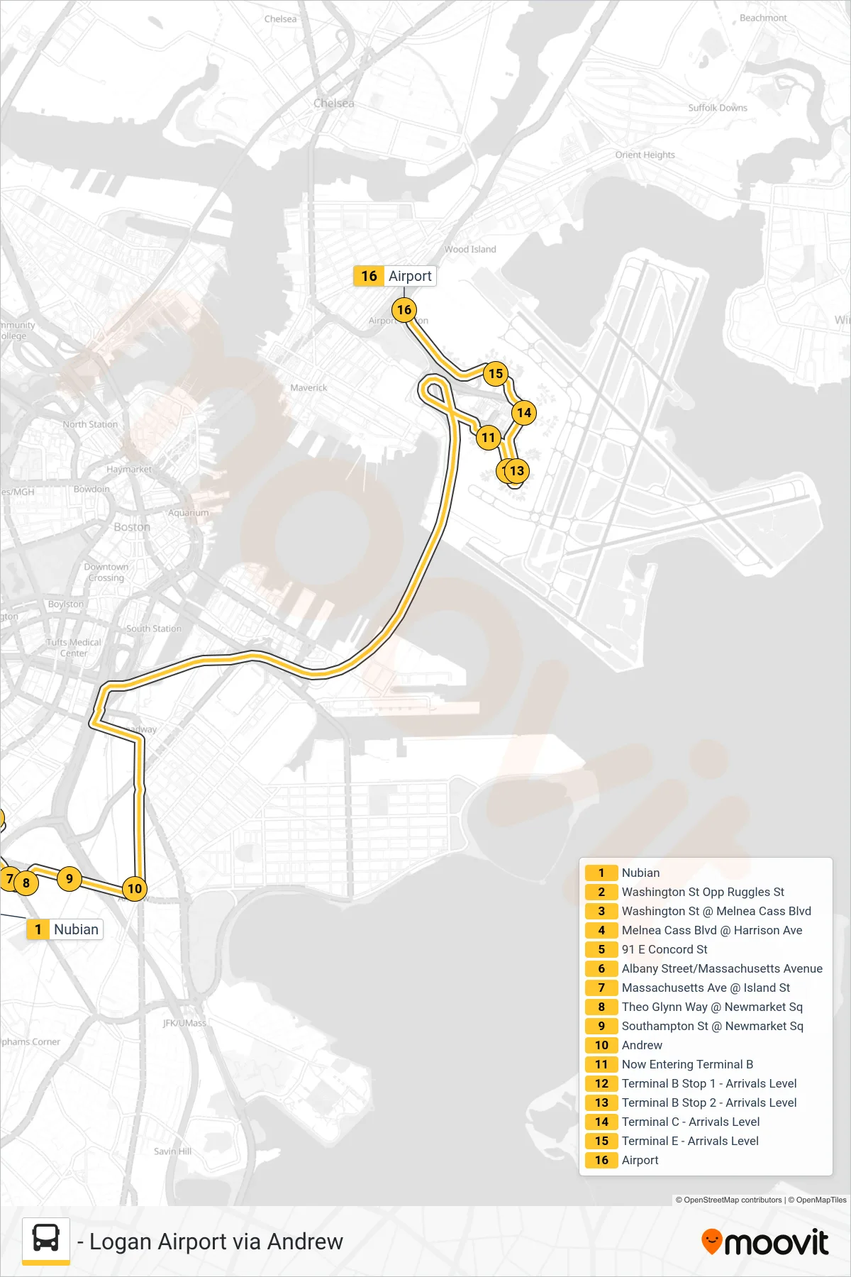 171 bus Line (Logan Airport Via Andrew) route and stops on a map