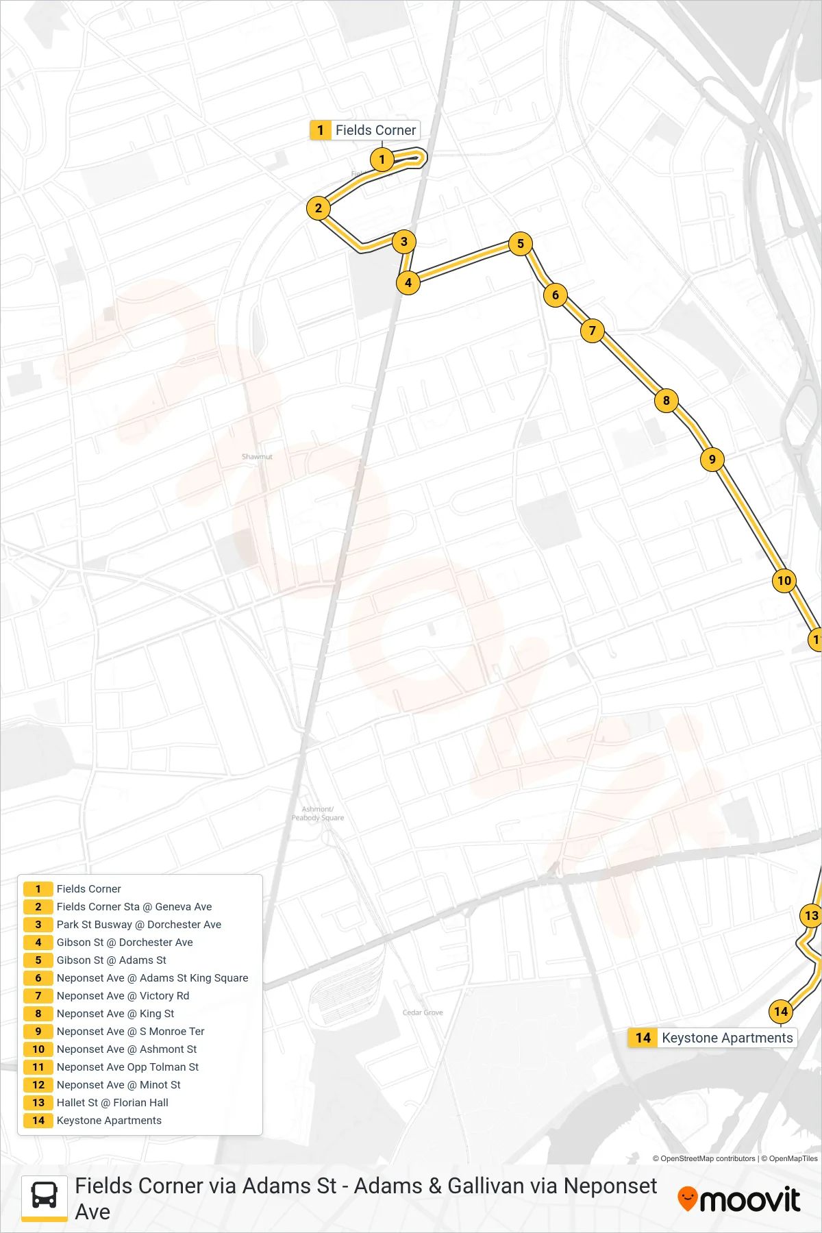 201 bus Line (Keystone Apts Via Neponset Ave) route and stops on a map