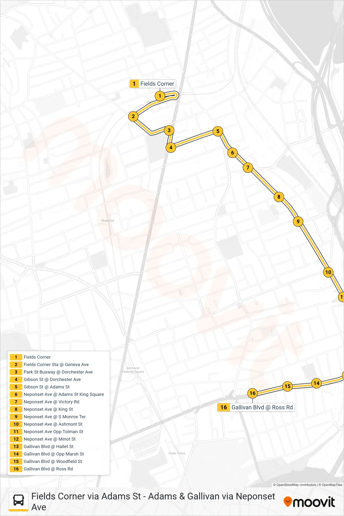 201 bus Line (Adams & Gallivan Via Neponset Ave) route and stops on a map