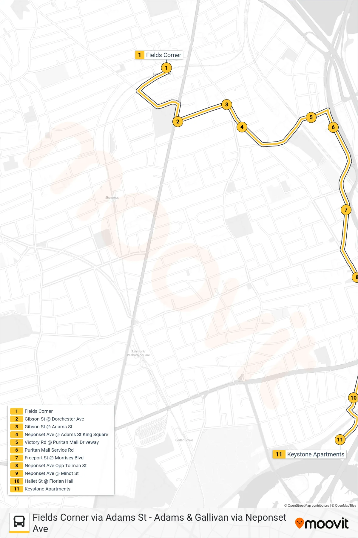 201 bus Line (Keystone Apts Via Neponset Ave & Puritan Mall) route and stops on a map