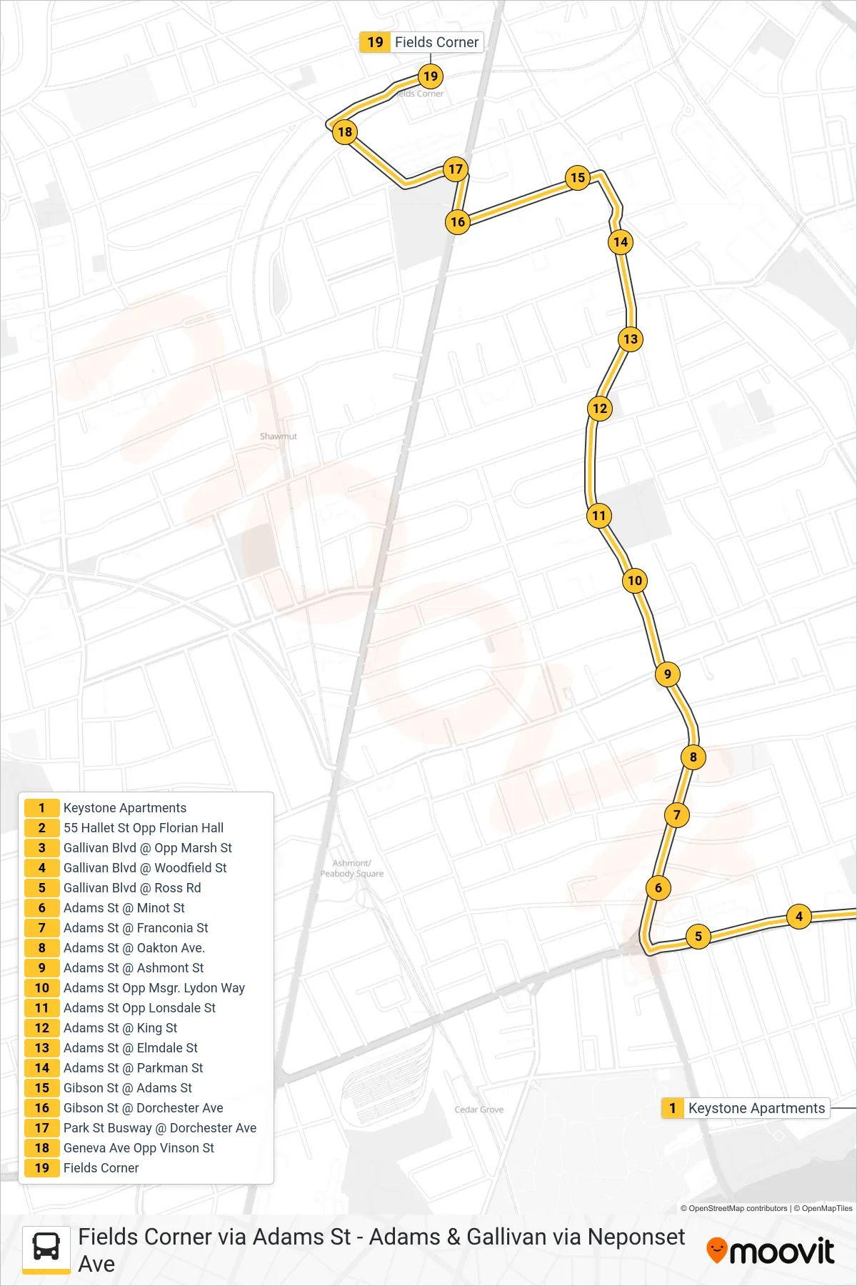 201 bus Line (Fields Corner Via Adams St) route and stops on a map