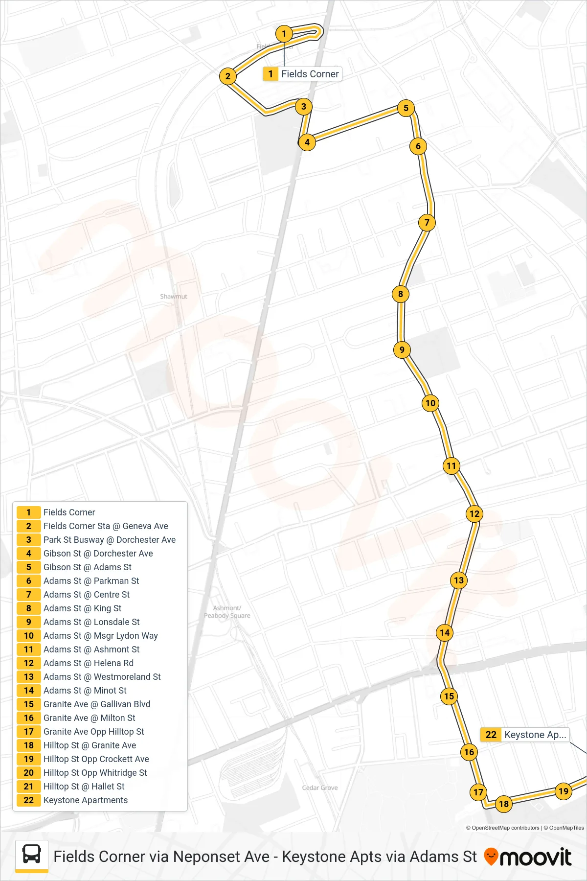 202 bus Line (Keystone Apts Via Adams St) route and stops on a map