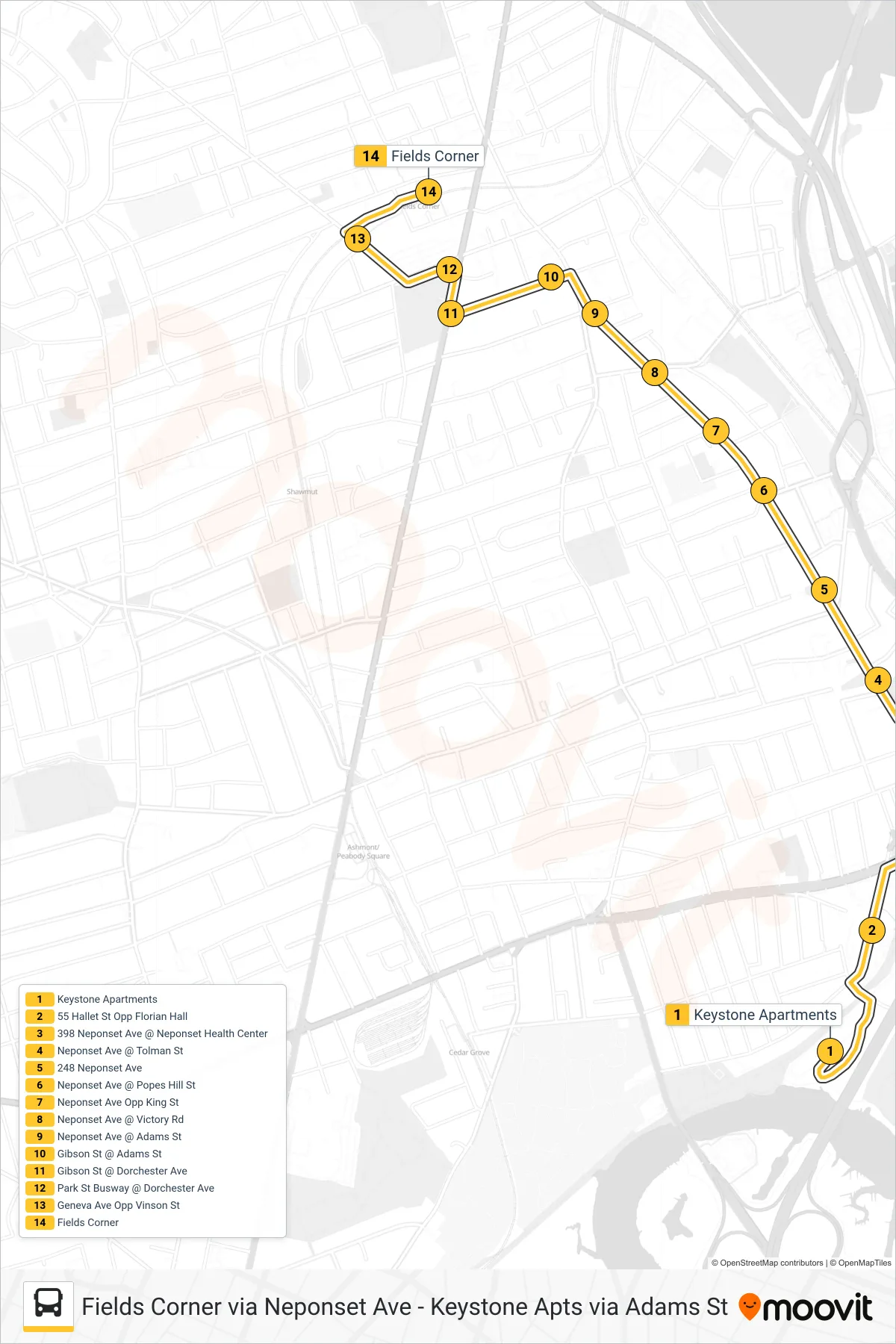 202 bus Line (Fields Corner Via Neponset Ave) route and stops on a map