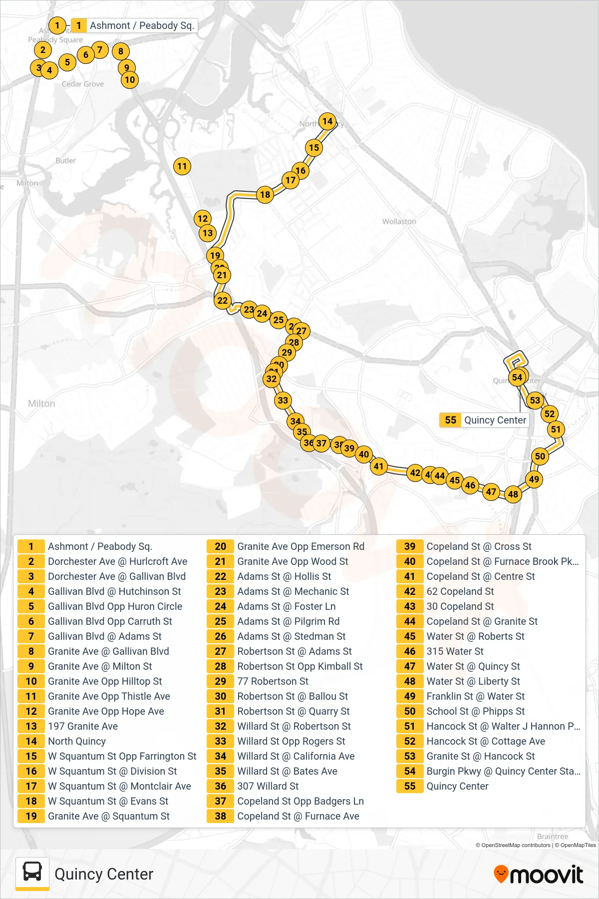 215 bus Line (Quincy Center) route and stops on a map