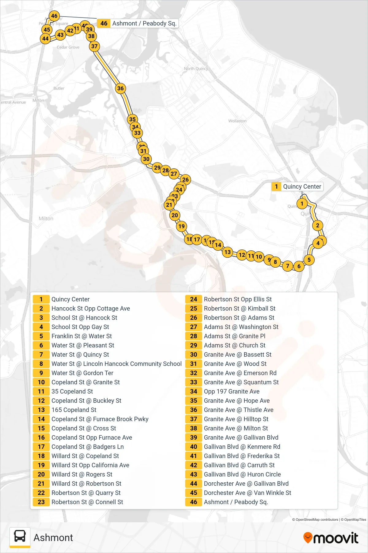 215 bus Line (Ashmont) route and stops on a map