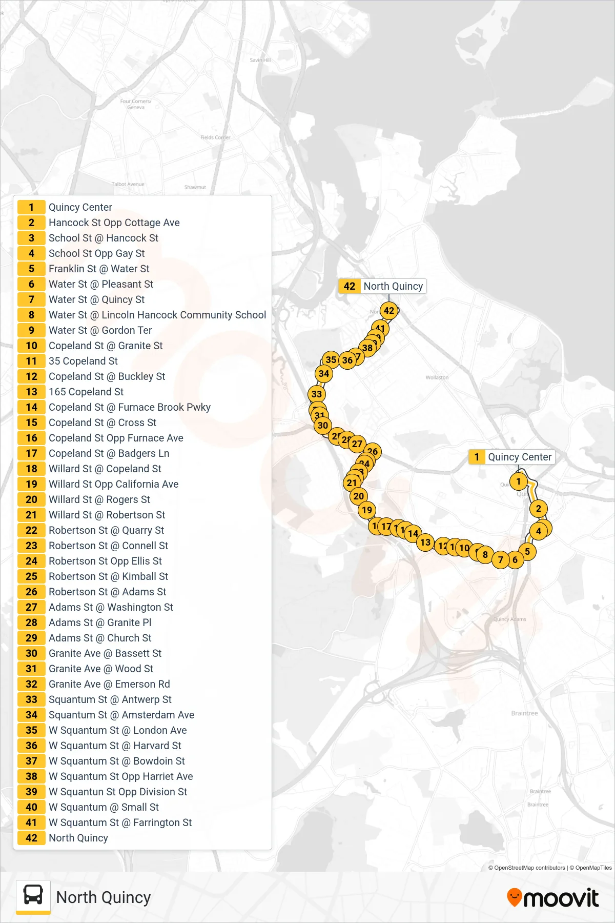 215 bus Line (North Quincy) route and stops on a map